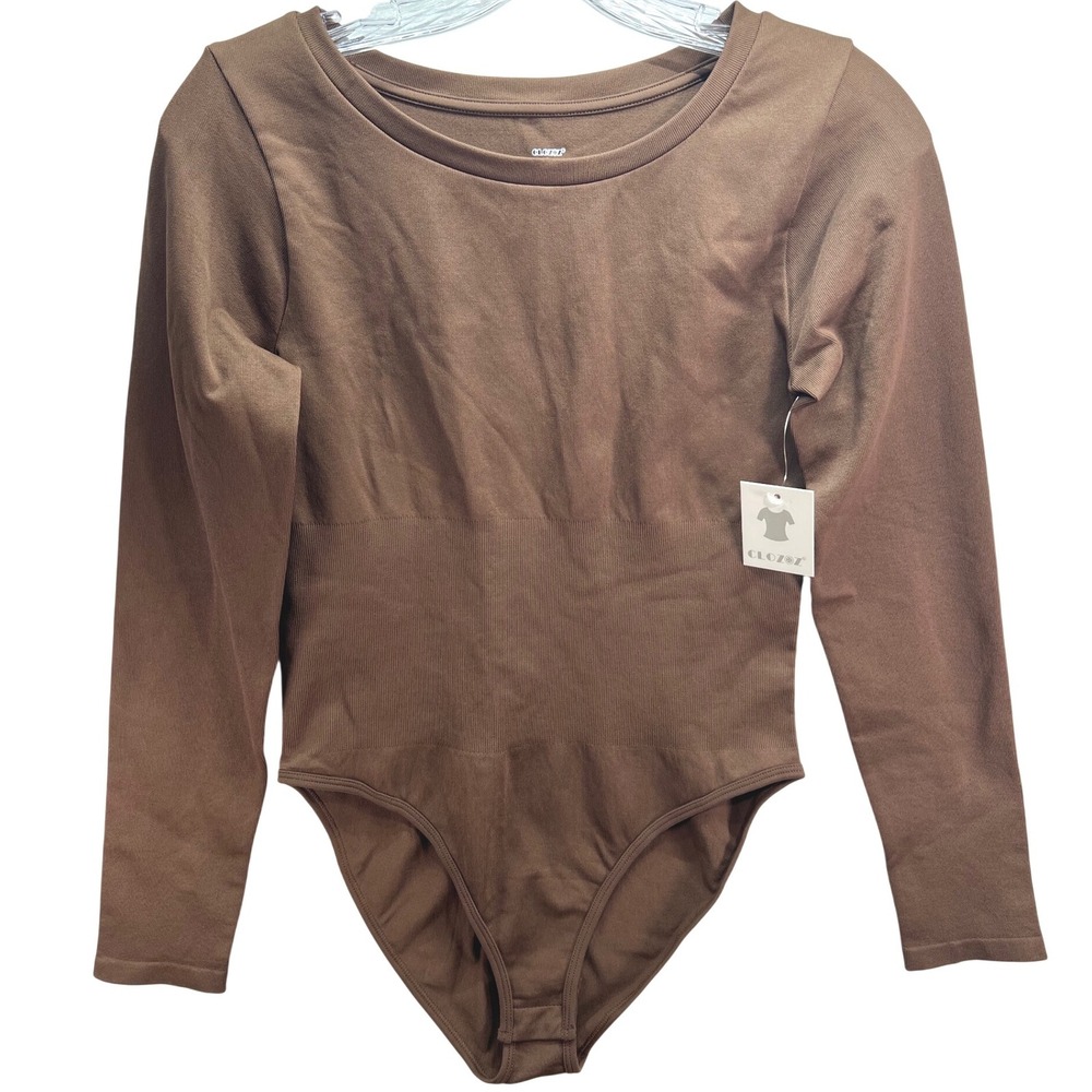 Clozoz Womens Long Sleeve Ribbed Seamless Bodysuit Brown Scoop Neck Large NEW